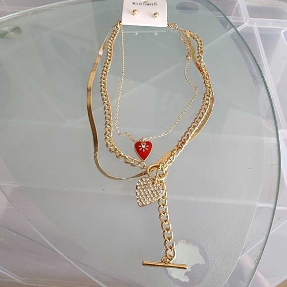 NEW Heart Pendant rhinestone Triple Layered Necklace - Picture 7 of 9